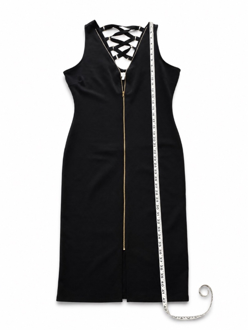 NEW w/ Tag Black Bodycon dress w/gold zipper front & crisscross back Size XLarge - Picture 7 of 9